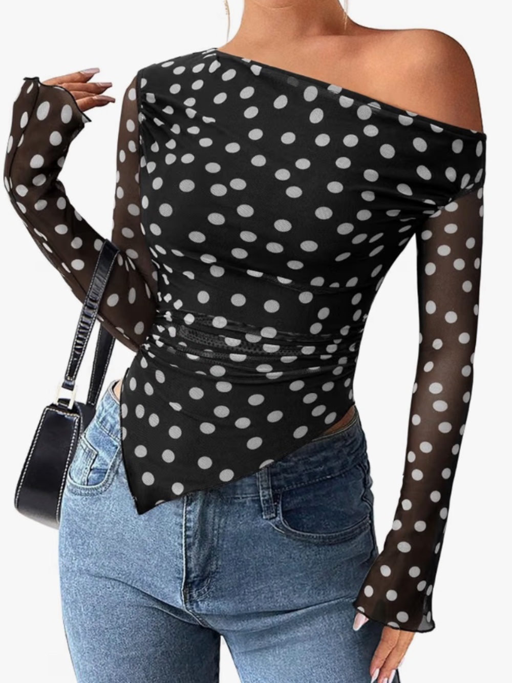 Mesh one shoulder top dotted